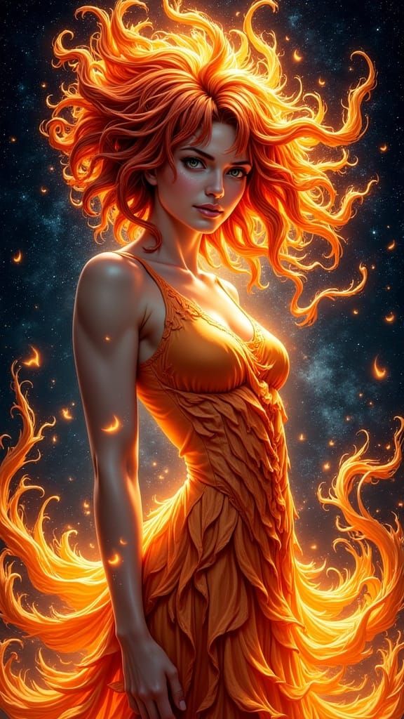 Phoenix Girl in Starry Night: Digital Art