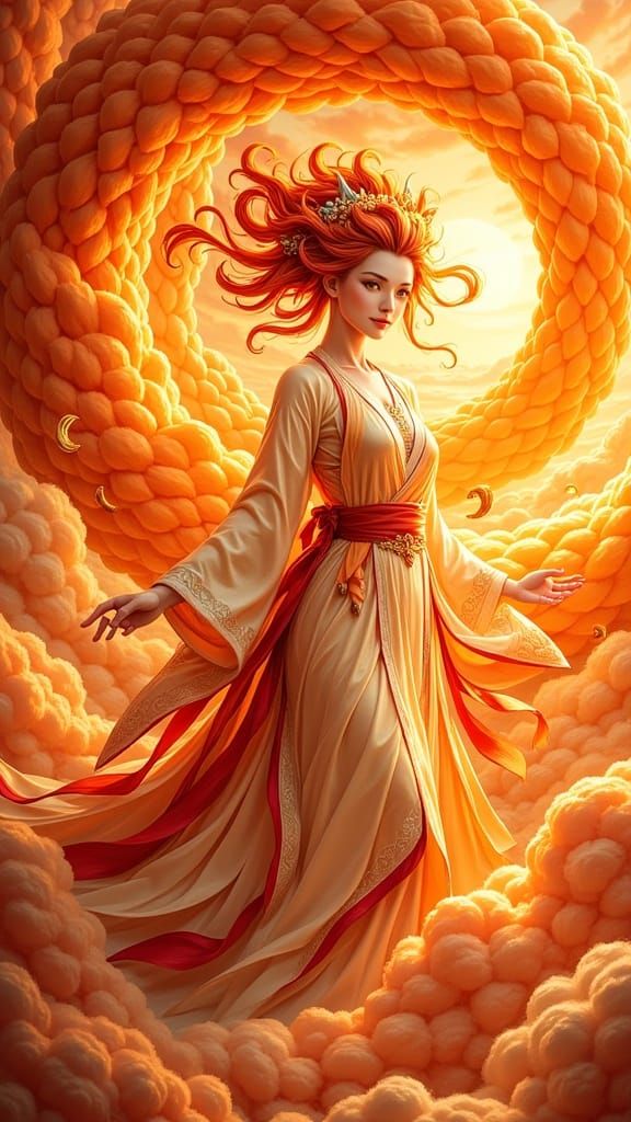 Phoenix Girl in Blazing Sunset, Digital Asian Art