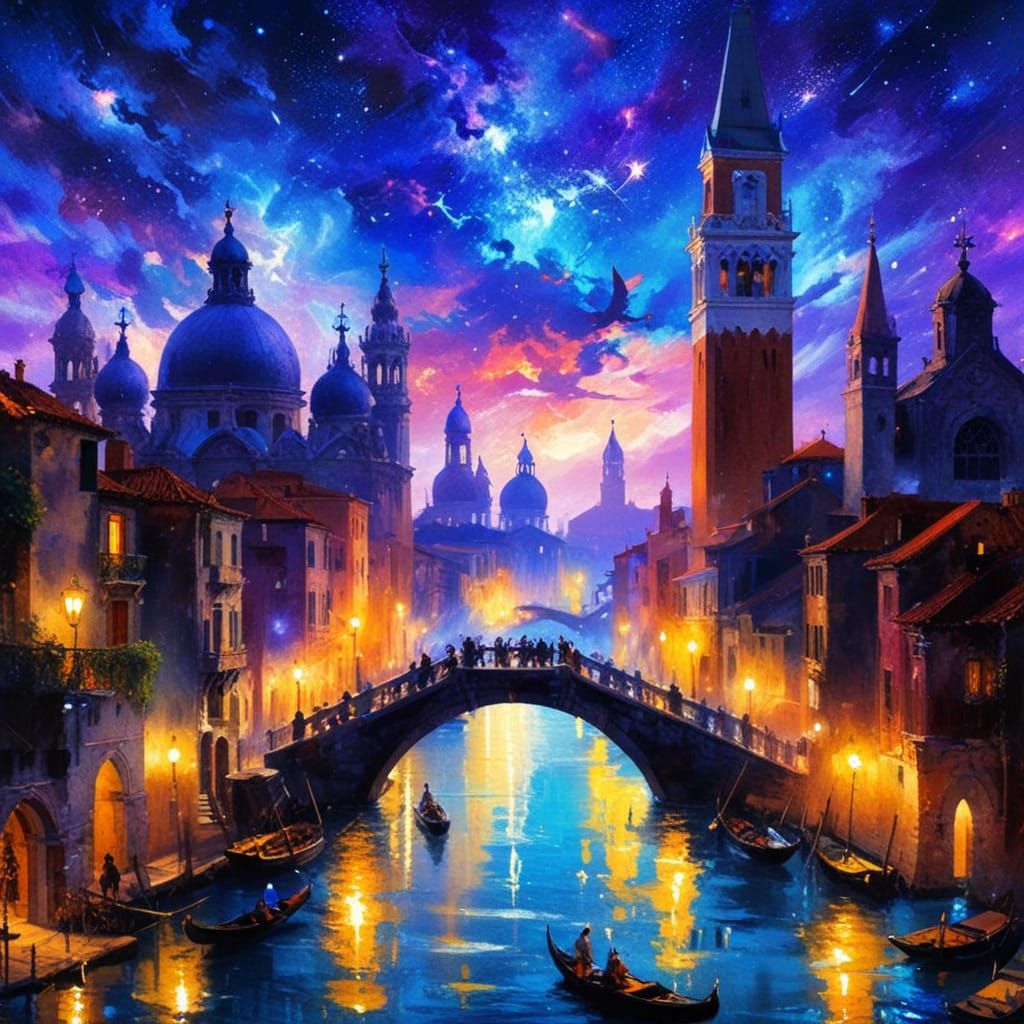 Gothic Venice Canal with Galactic Star Reflections