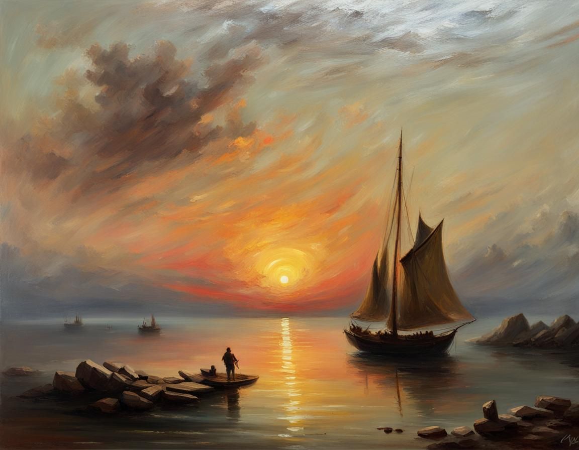 Sunset Boat: Oil Painting Maritime Scene