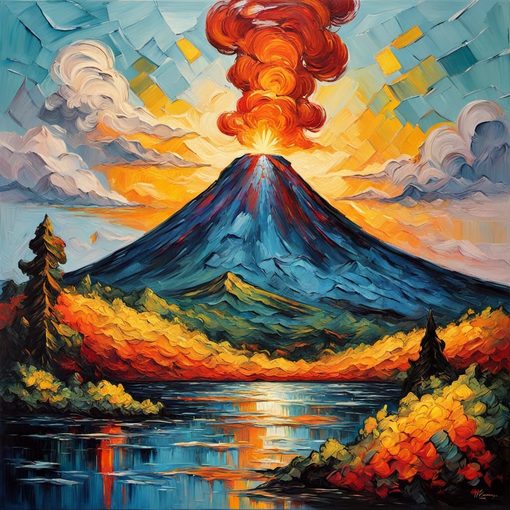 Vibrant Volcanic Landscape in Neo-Impressionist Oil