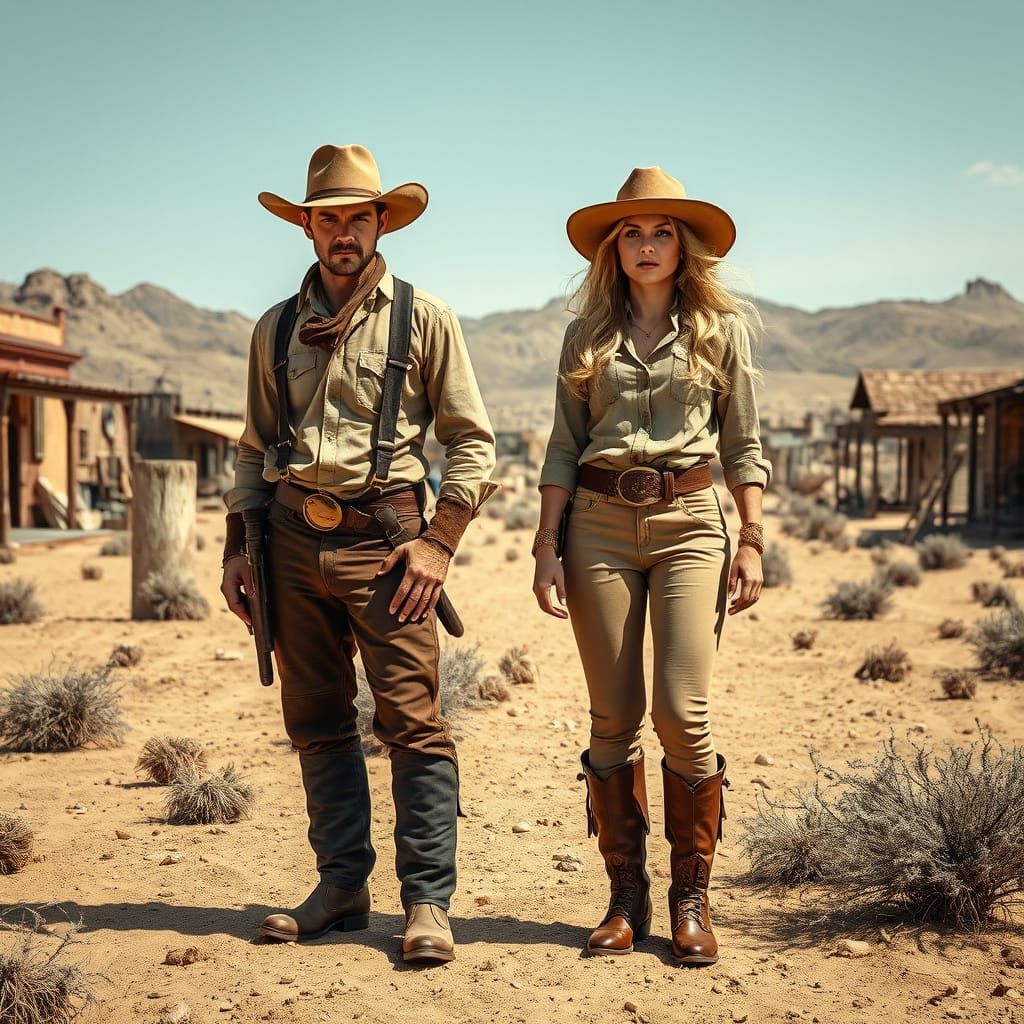 Handsome Cowboys Stand Vigilant in Abandoned Desert City