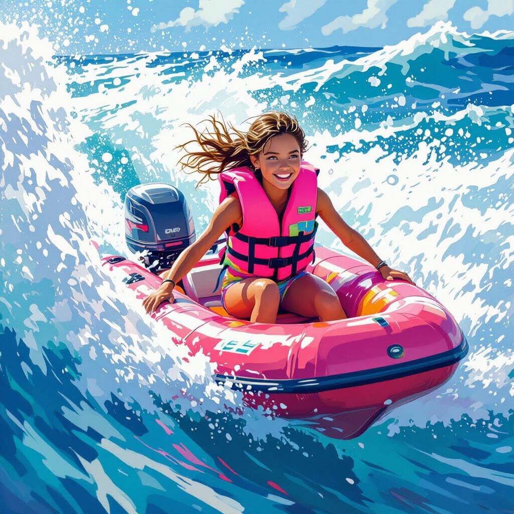 Girl Rides Flotie in Dynamic Ocean Scene