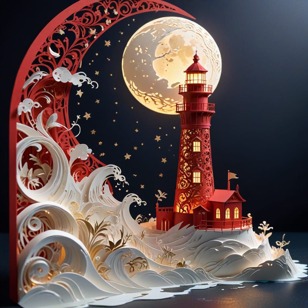 Intricate Kirigami Lighthouse Art with Gold Accents