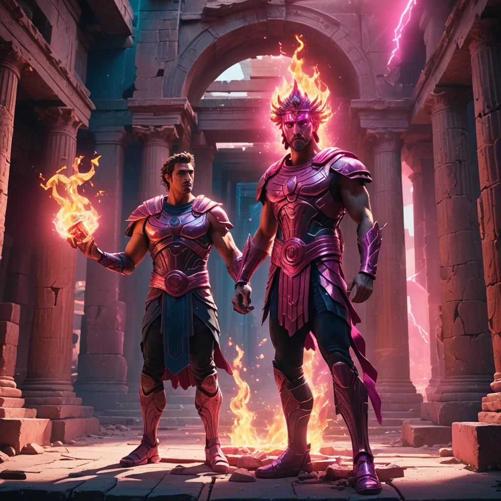 Greek God with Fire Eyes in Neon Aura