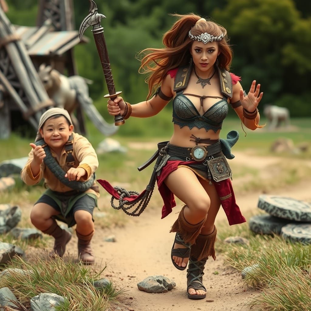 Humorous Barbarian Woman Chasing Bra-Thief Dwarf