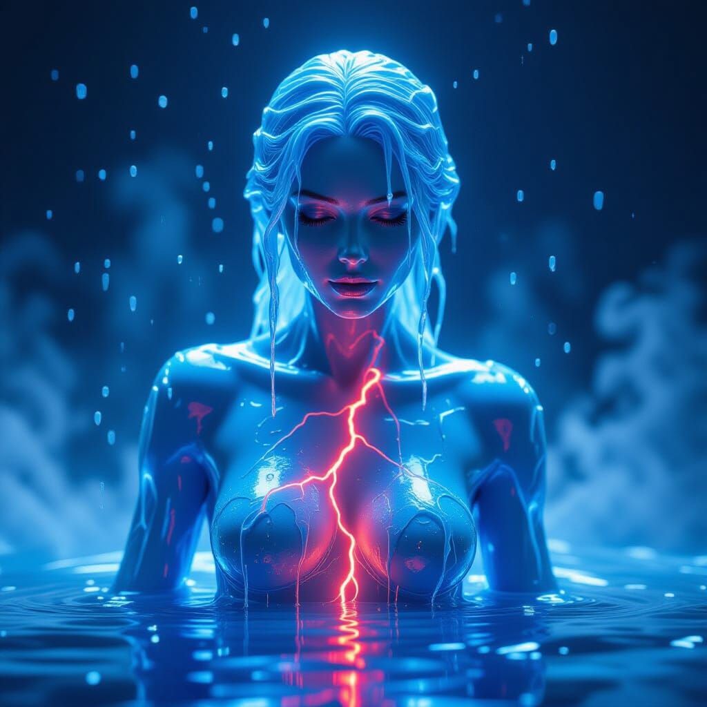 3D Electric Blue Ice Woman With Red Lightning Veins