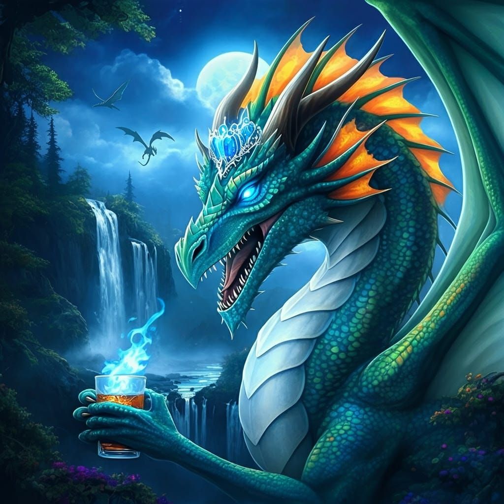 Ferocious Neon Dragon with Crown in Ethereal Landscape