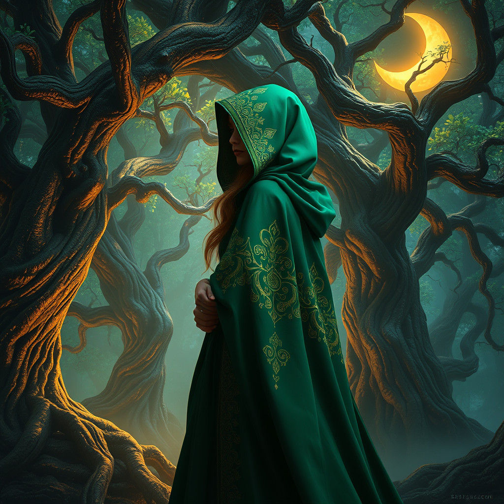Enchantress in Emerald Cloak, Mystical Forest Scene