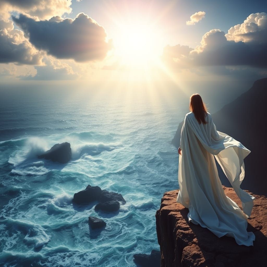 Serene Figure Embracing Turbulent Sea in Divine Glow