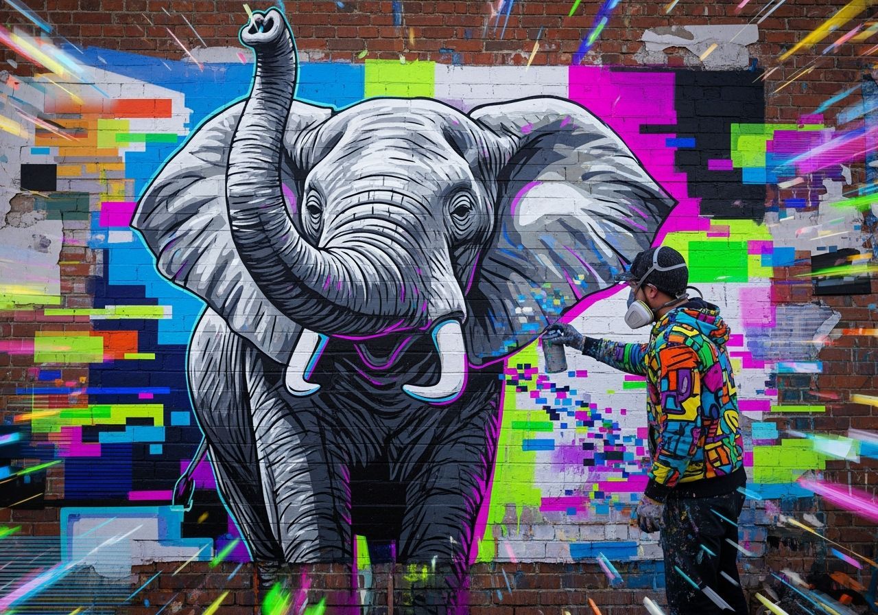 Vibrant Glitch Art: Graffiti Artist's Elephant Mural
