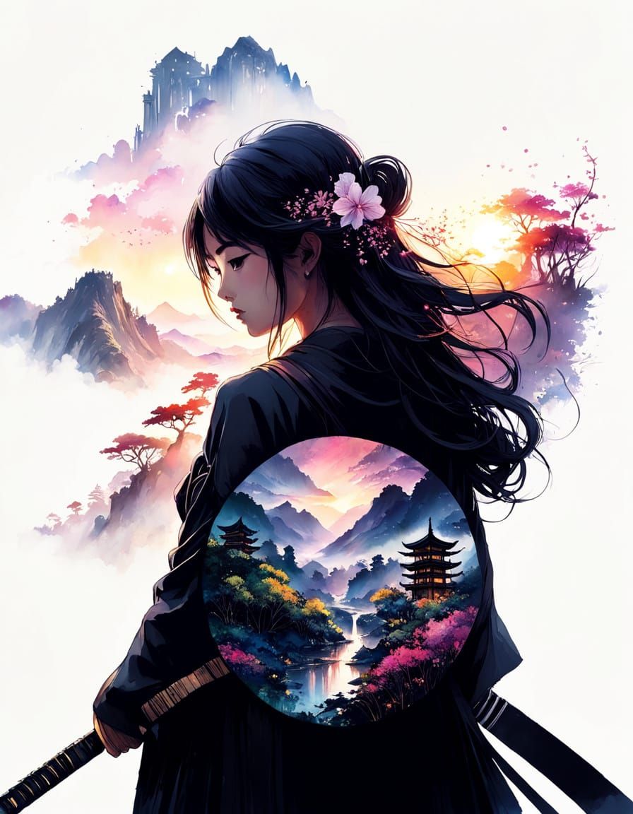 Lush Japanese Landscape at Sunrise in Watercolor