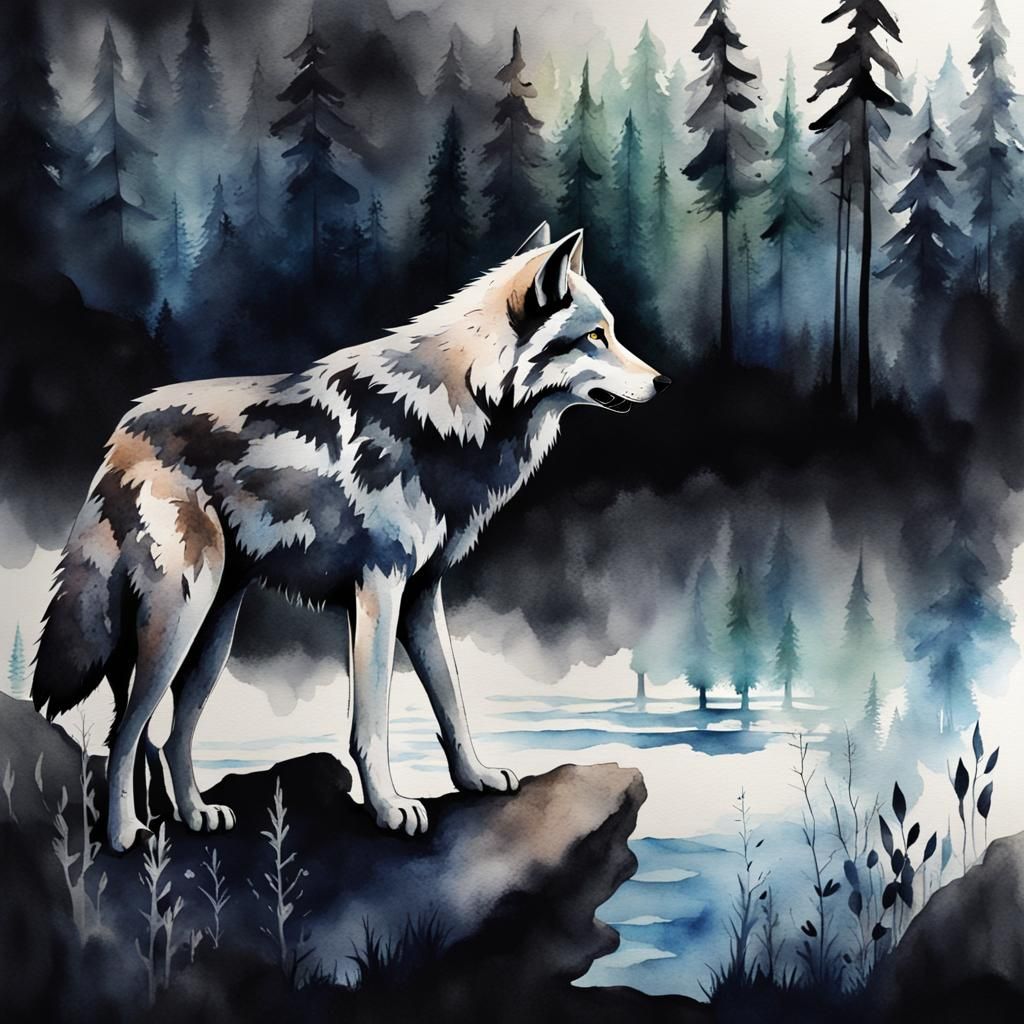 Watercolor Wolf Gazing at Forest Landscape