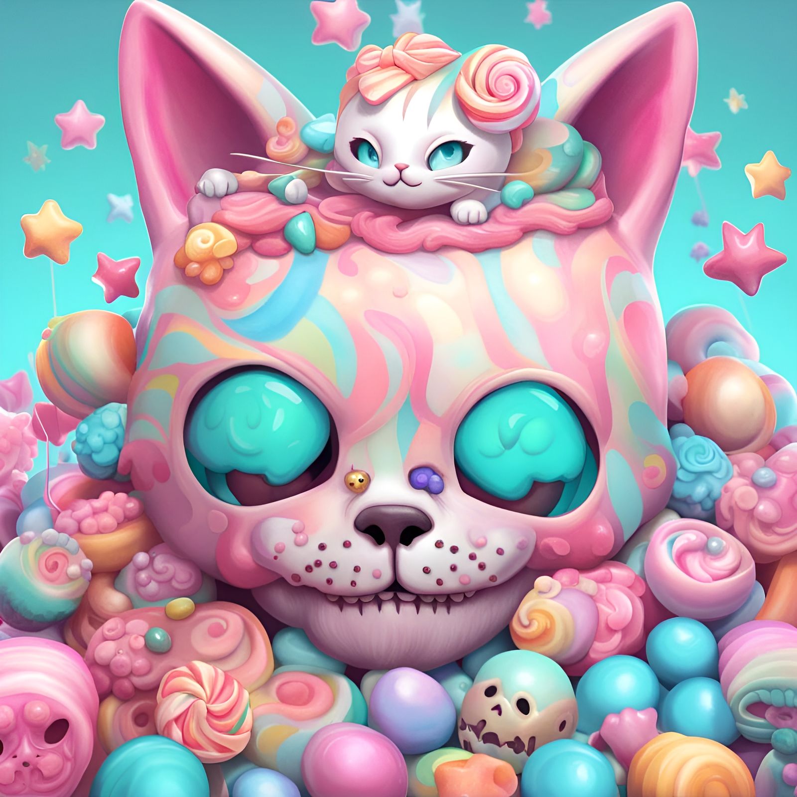 Kawaii Cat on Skull in Candy Art Style