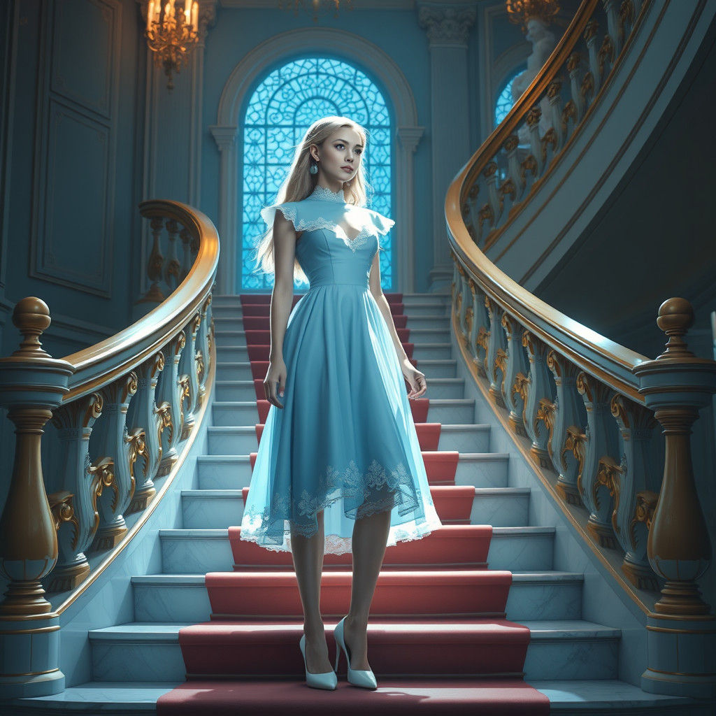 Woman in Blue Dress on Golden Staircase