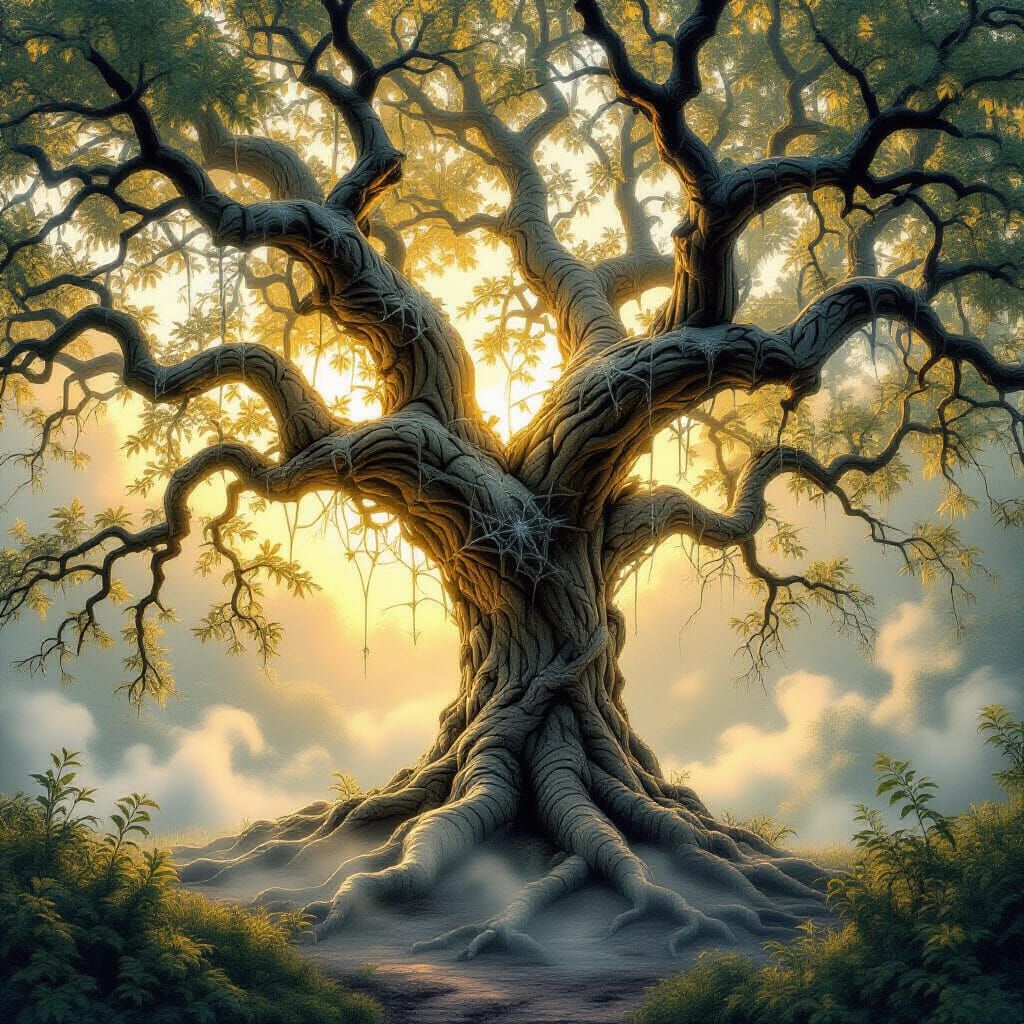 Ethereal Fantasy Tree Covered in Spiderwebs