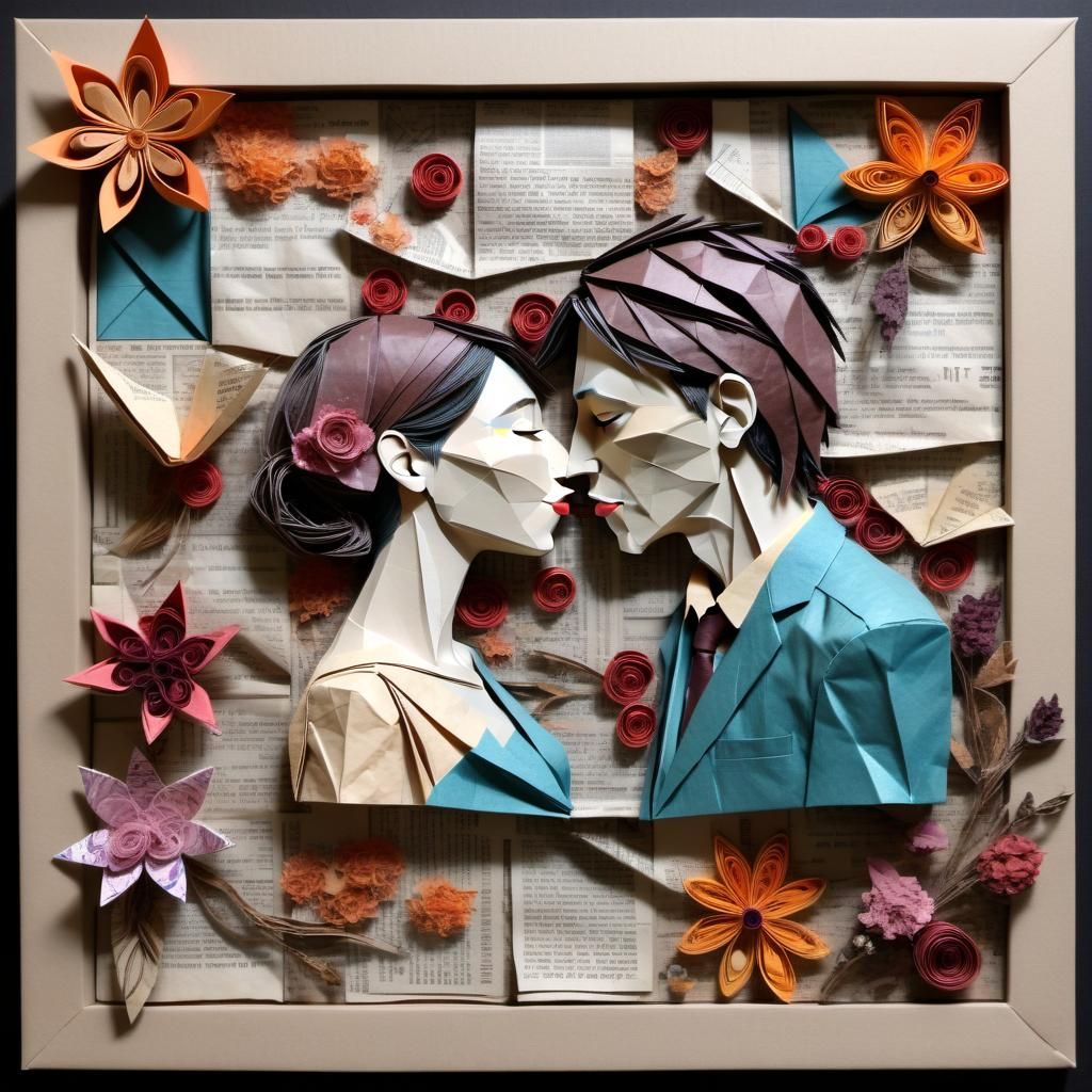 Mixed Media Origami Kissing Couple Artwork
