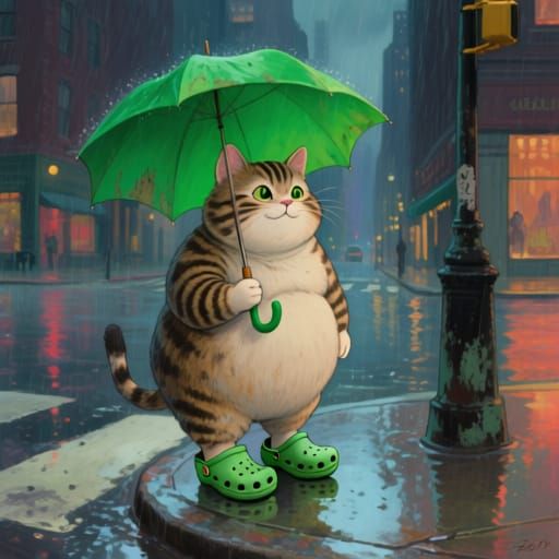 Tabby Cat in Crocs with Umbrella on Rainy Street