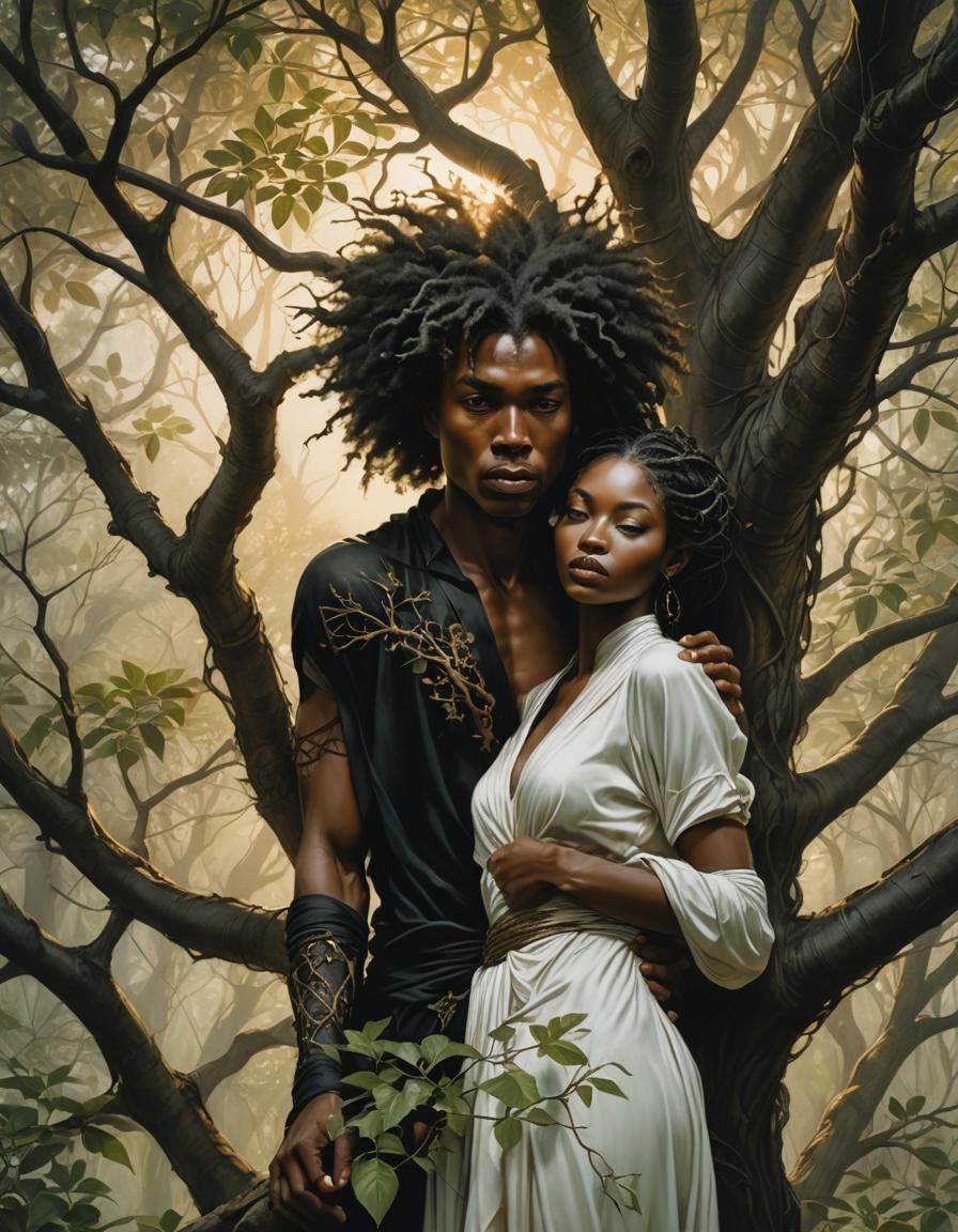 Figures Embracing in a Gnarled Tree, Hyperrealistic Art