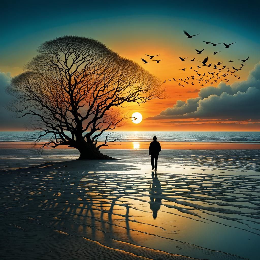 Sunset Beach Walker in Graphic Novel Style