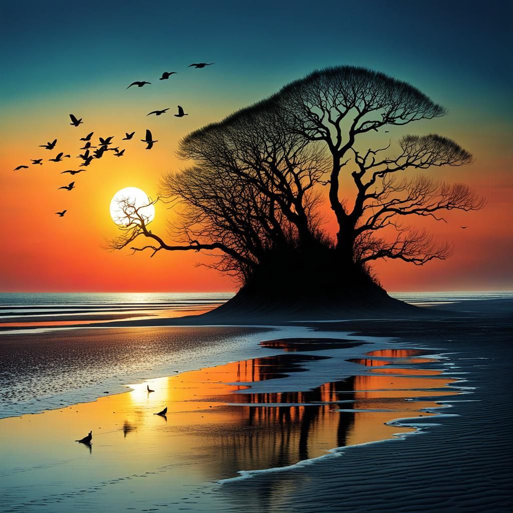 Mysterious Beach Scene in Intricate Style