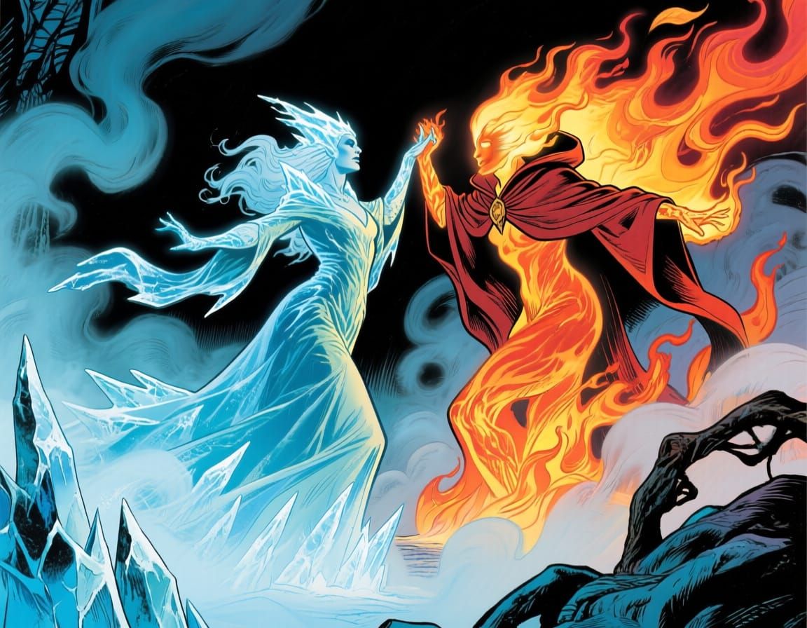 Ice and Fire Elementals Dancing in 1960s Comic Style