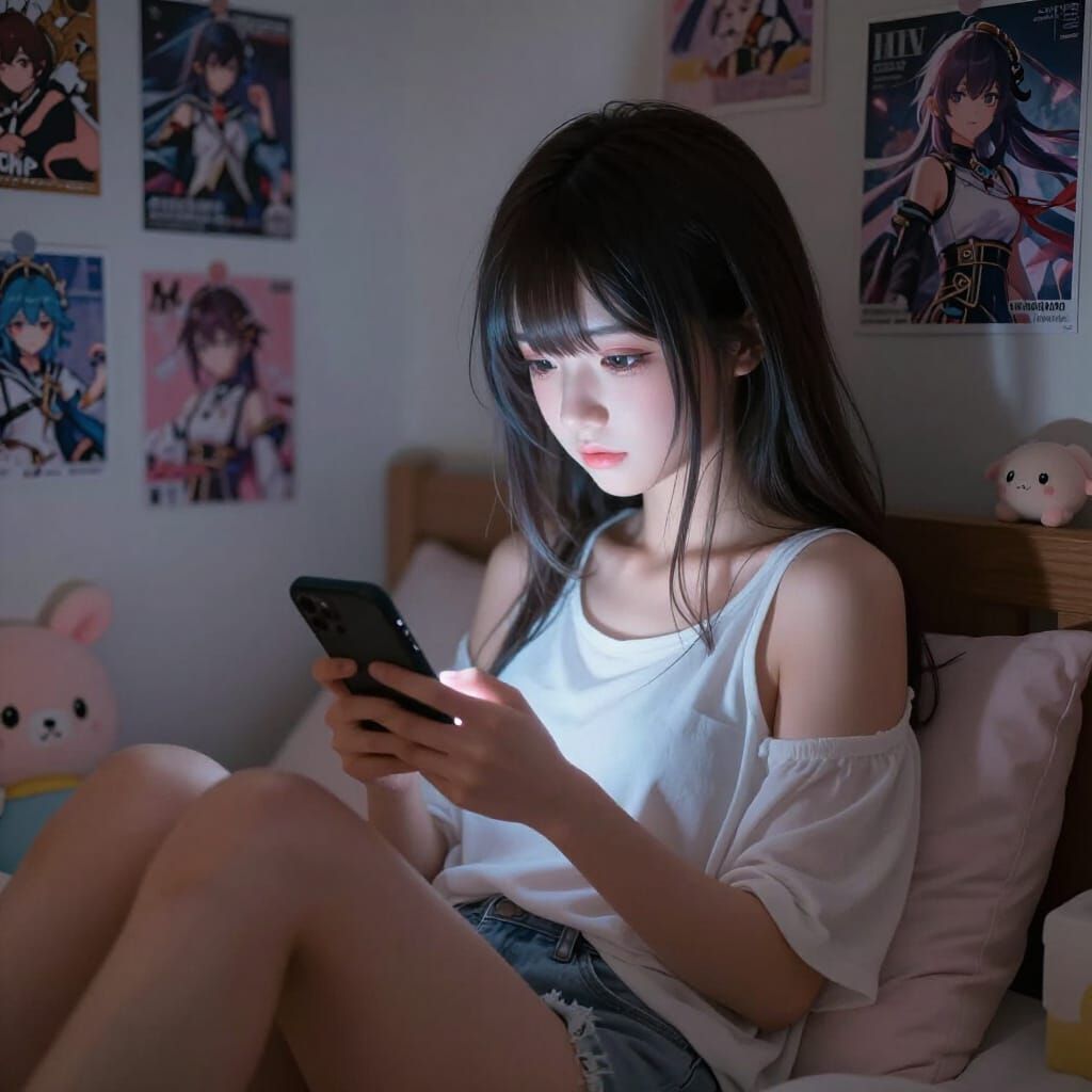 Anime Girl in Cozy Bedroom Watching Phone