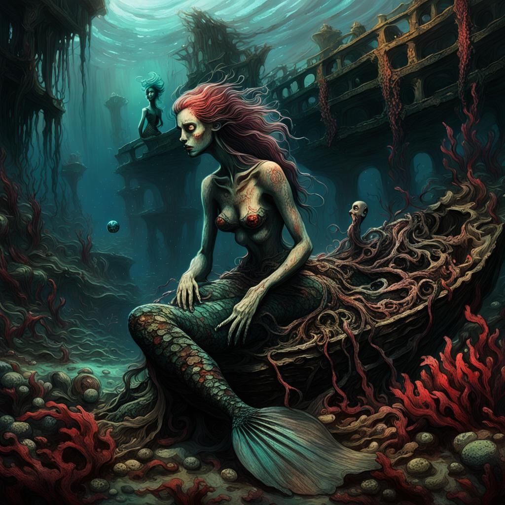 Zombie Mermaid in Shipwreck: A Dark Fantasy Horror