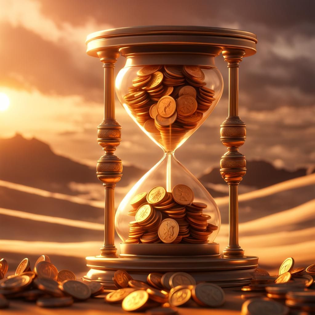 Gold Coins Flowing Through Hourglass at Sunset