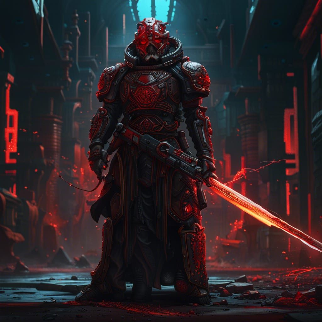 Cyberpunk Byzantine Priest with Firesword in Digital Paintin...