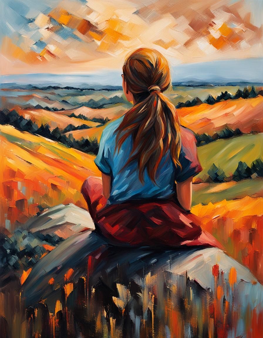 Earthy Acrylic Painting of Girl on Hill