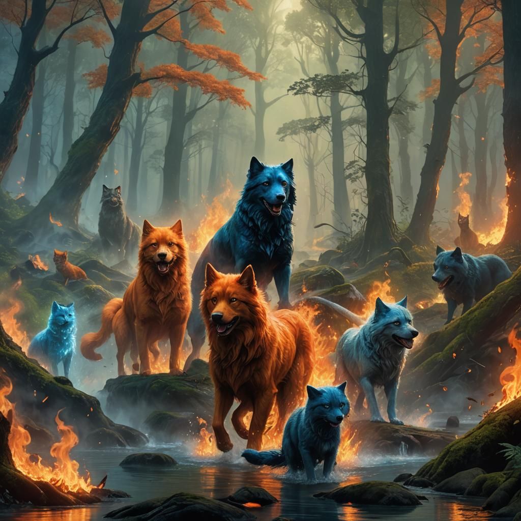 Fire Cats and Water Dogs Clash in Misty Forest