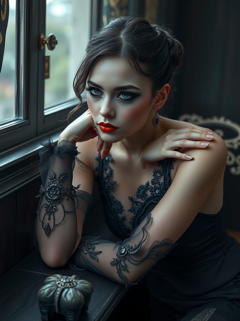 Gothic Beauty Contemplates in Dimly Lit Luxury