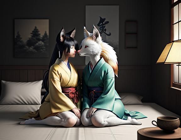 Two Kitsune Kissing in Manga Style