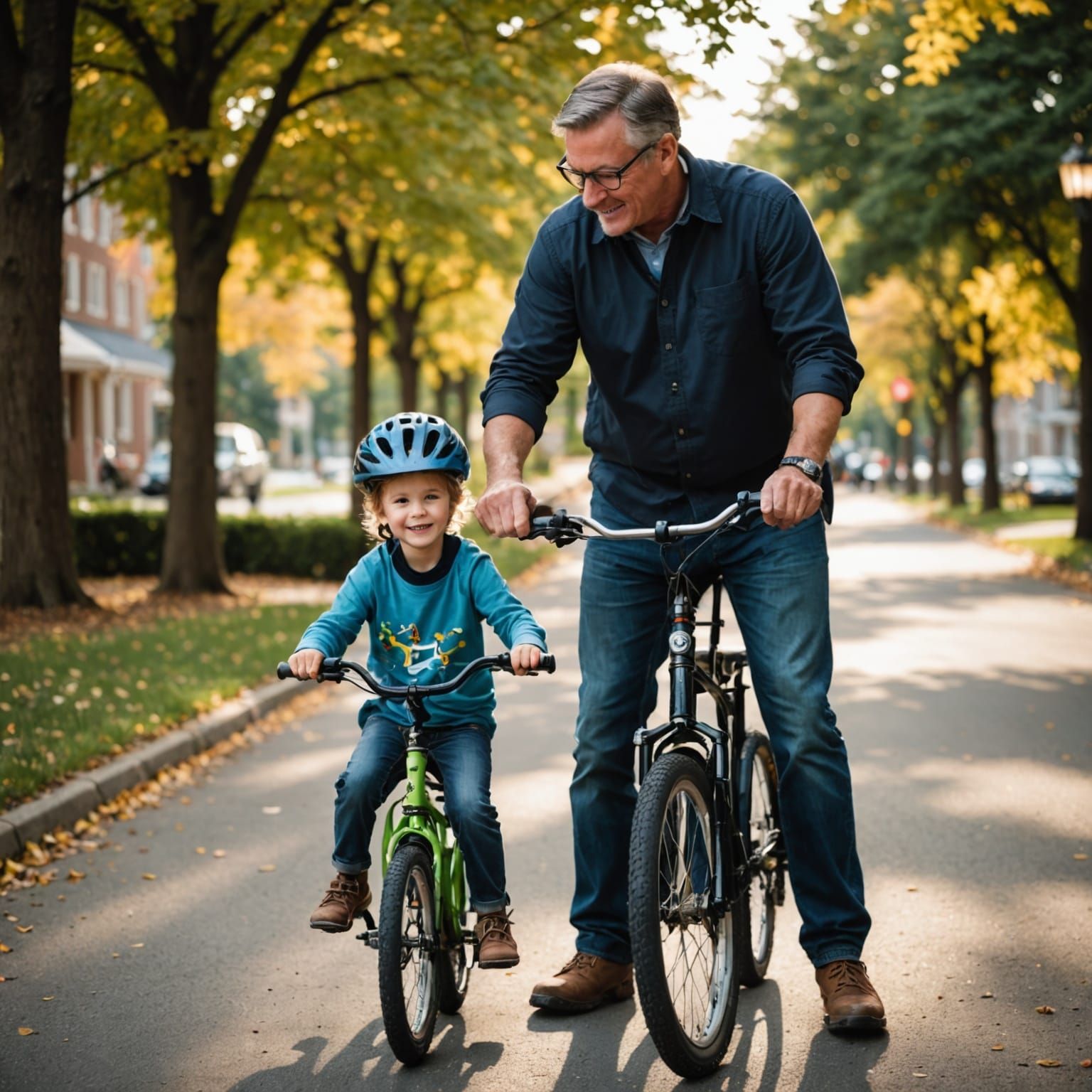Father Teaches Child to Ride Bike, Natural Light