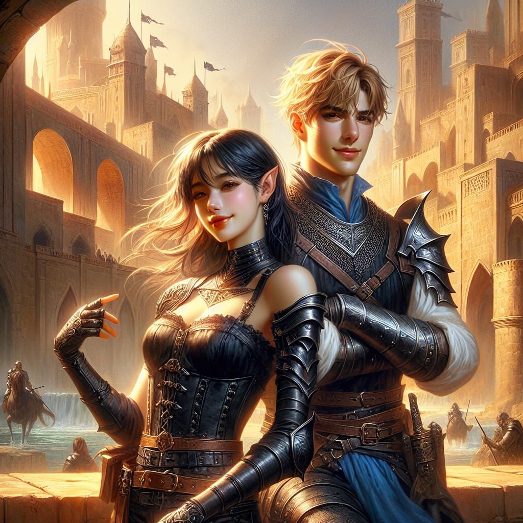 Half-Elf and Human in Medieval Cityscape