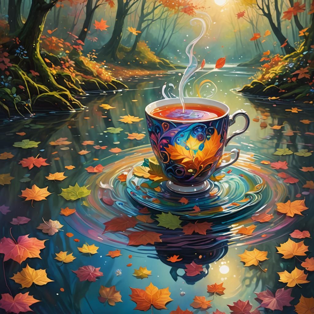 Floating Teacup on Autumn Lake: A Whimsical Fantasy