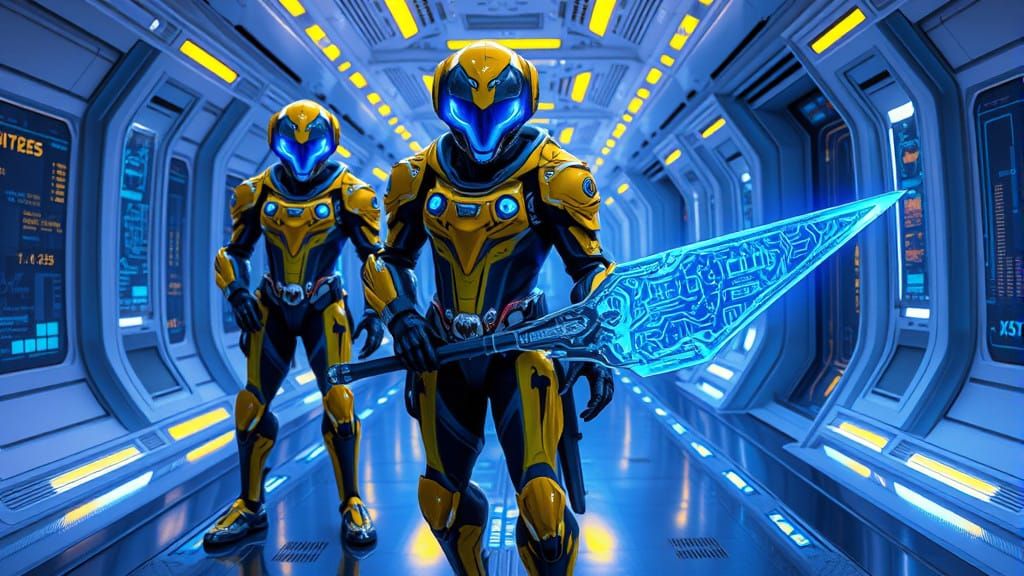 Humanoid Alien Warriors in High-Tech Armor, Cyberpunk Futuri...