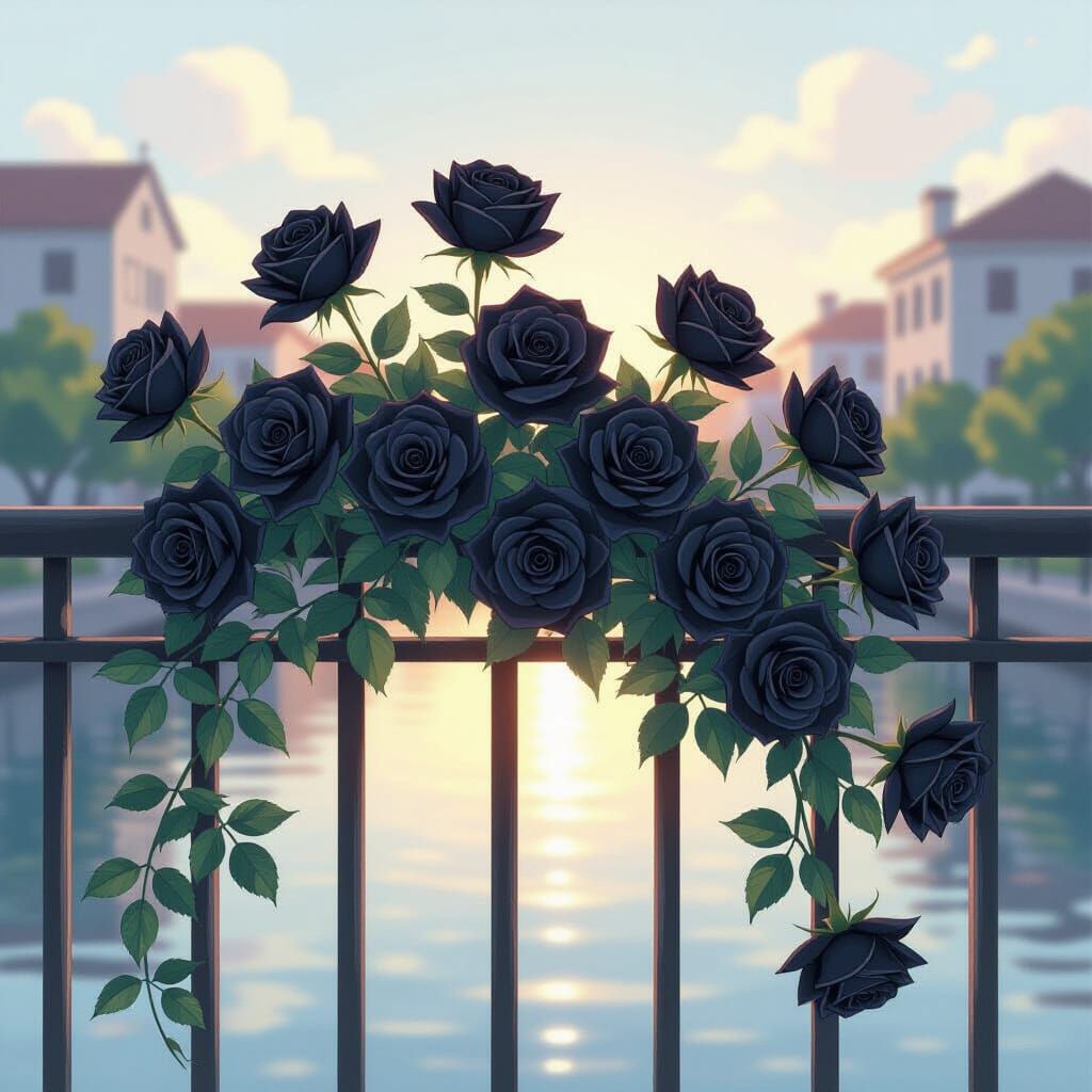 Black Roses Bloom on Railing in Watercolor Anime Style