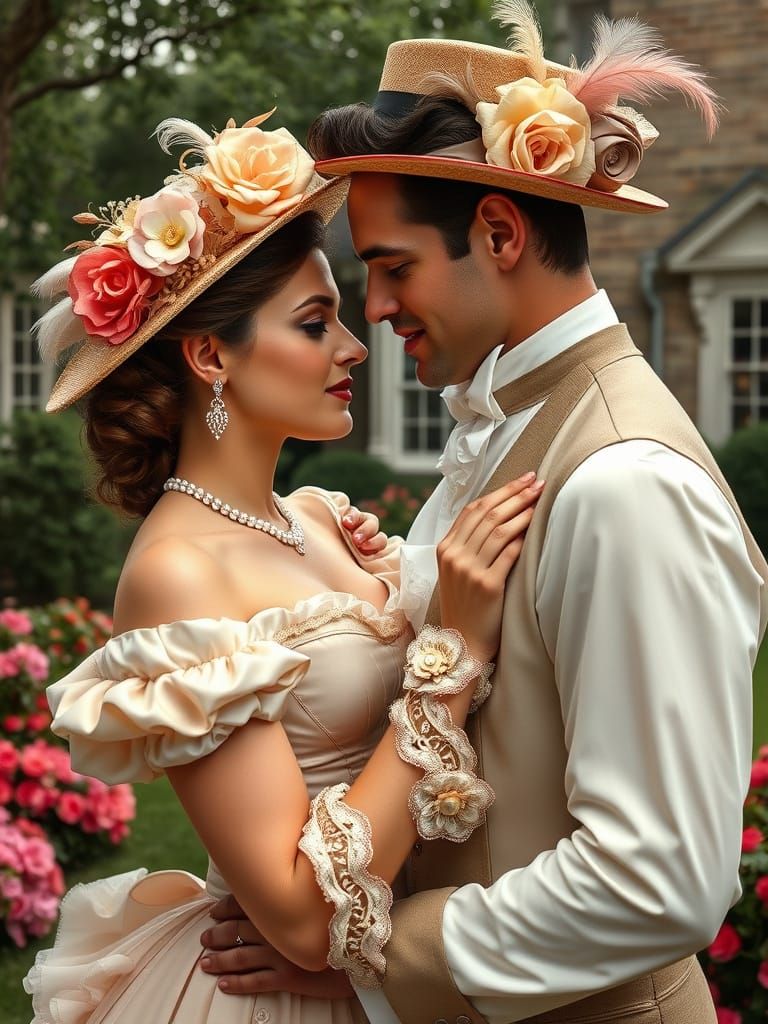 Romantic Embrace in a 19th-Century Garden