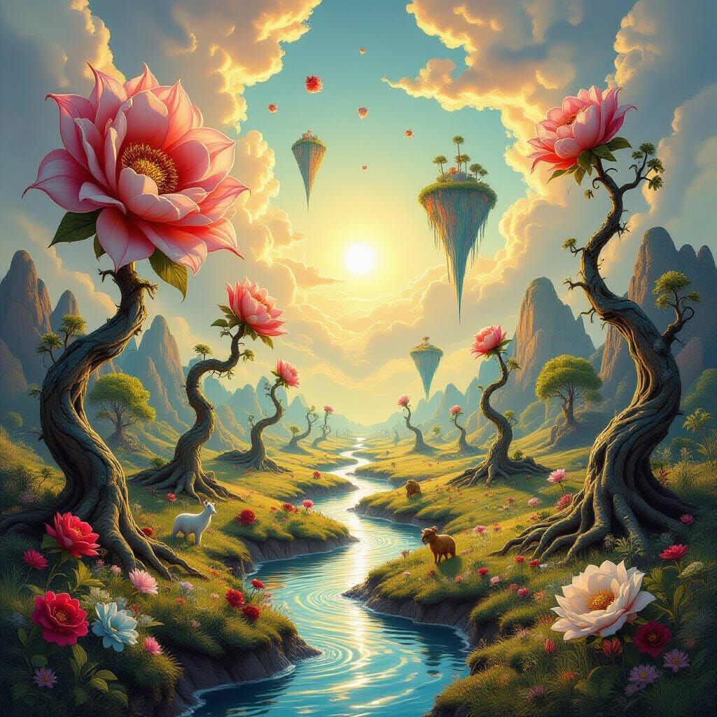 Surreal Landscape with Melting Branches and Floating Islands