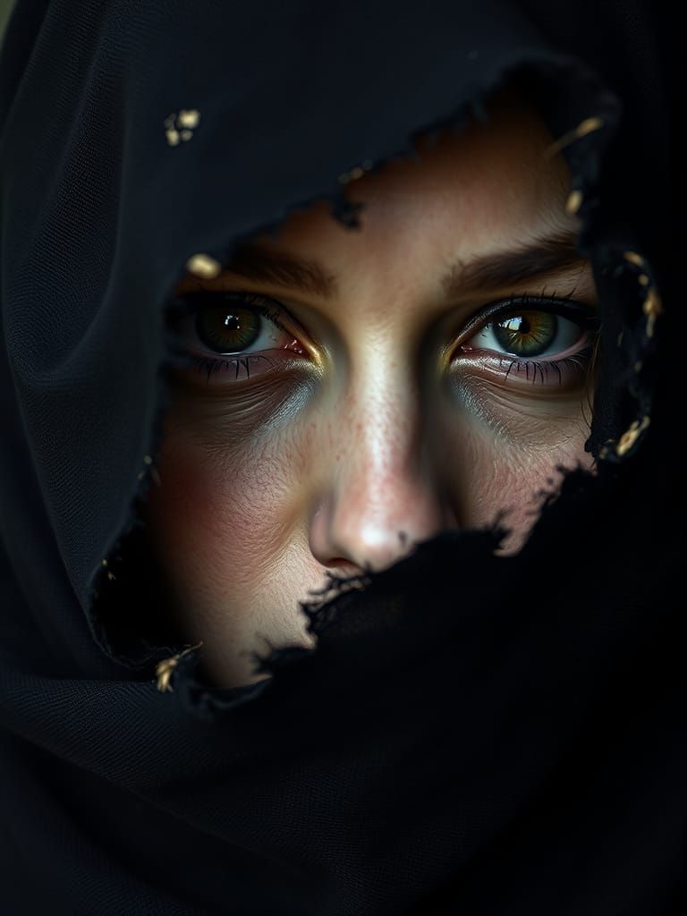 Woman's Face Intensely Gazing Through Tattered Black Veil