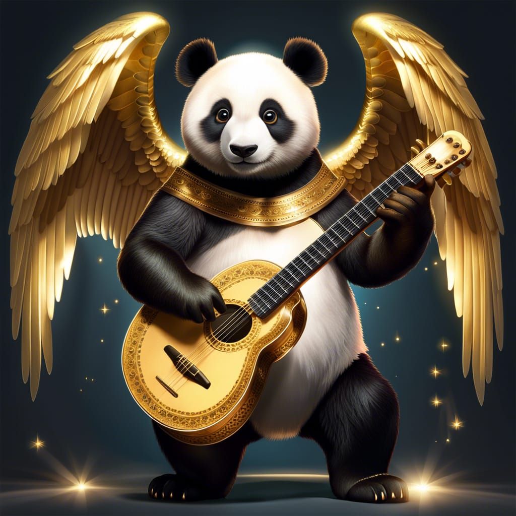 Panda with Angel Wings Playing Banjo