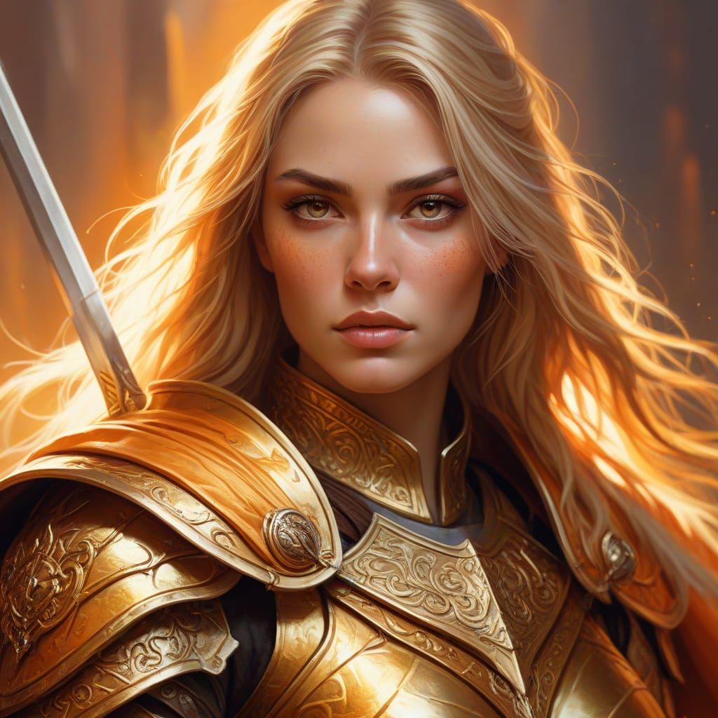 Valkyrie Warrior Woman in Golden Armor: Oil Painting