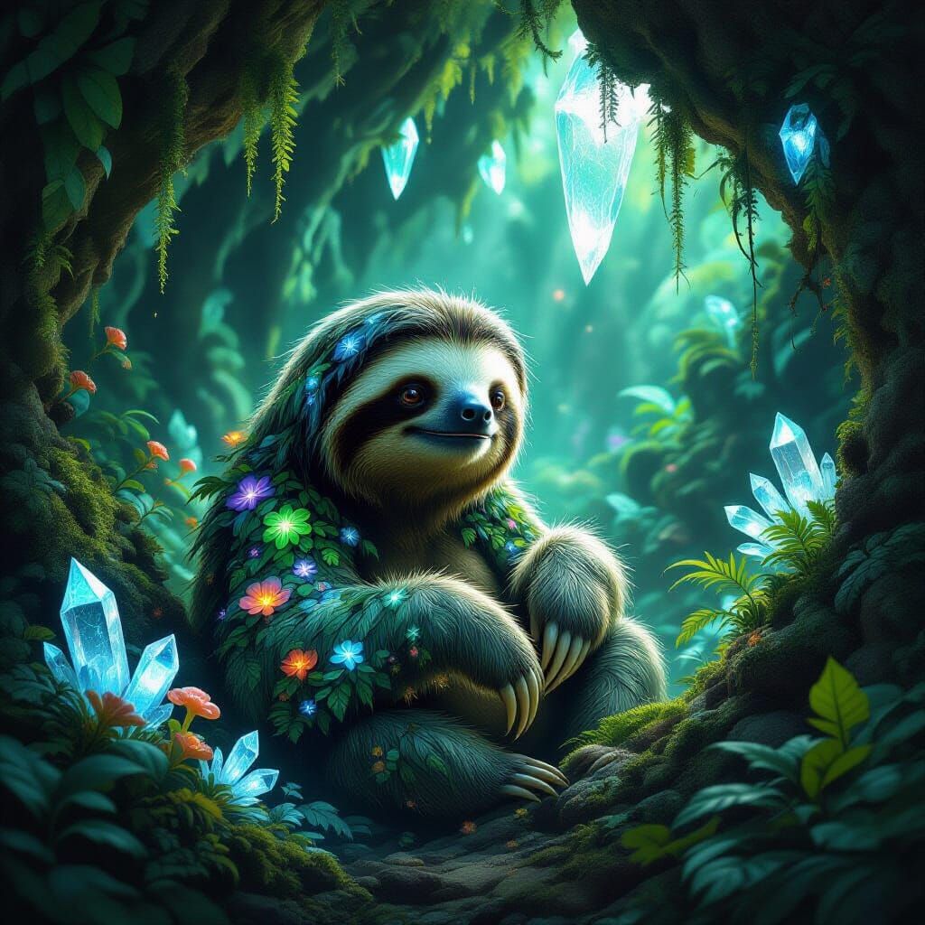 Bioluminescent Sloth Symbiote in Alien Jungle Cave