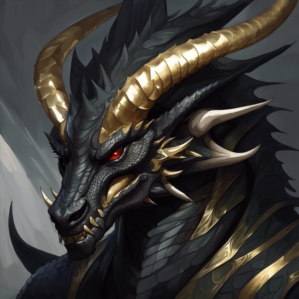 Magnificent Black Dragon Portrait with Ivory Horns