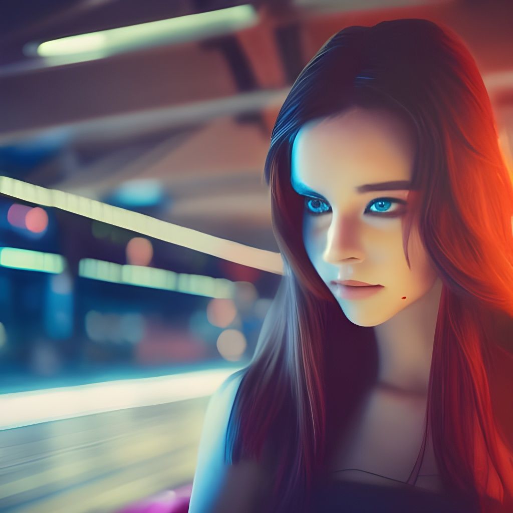 Cyberpunk Woman at Airport in Neon Style