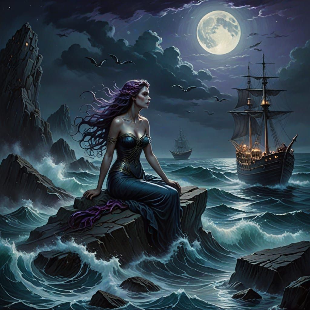 Ominous Siren's Song in Dark Fantasy Oil Painting