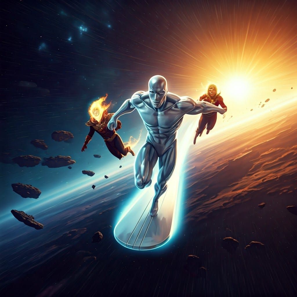 Silver Surfer Soaring Through Space in Comic Art
