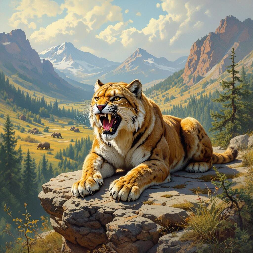 Saber-Toothed Cat Overlooking Prehistoric Landscape
